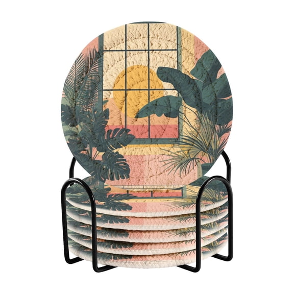 Yayeee 6 PCS Drink Coasters with Holder Set Woven Absorbent Round Tabletop Hot Pad, Pink Sunset