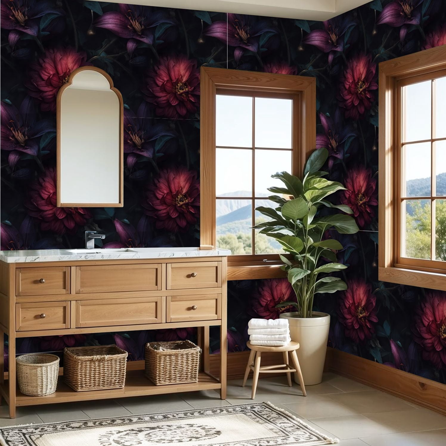 Peel and Stick Wallpaper Dark Floral Bloom Deep Red Petals Moody Botanical Wall Mural 23.6in x 9.8ft Self Adhesive Removable Wall Paper Renter Friendly Wallpaper for Bedroom