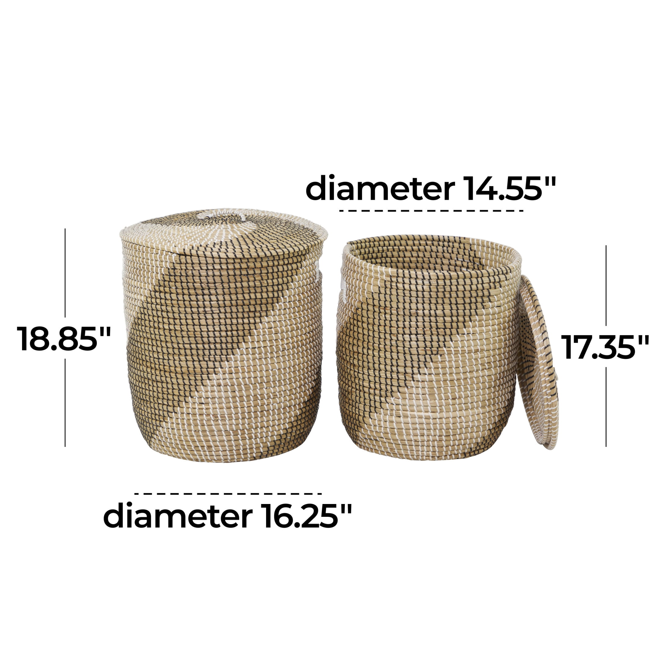 DecMode 19", 17"H Brown Seagrass Handmade Two Toned Storage Basket with Matching Lids, 2-Pieces