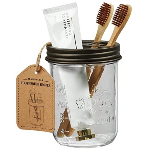 Toothbrush Holder- Rustproof Stainless Steel - Holds 2 Toothbrushes and Toothpastewith Chalkboard Labels - Farmhouse Décor Bathroom Countertop and Vanity Storage Organizer Bronze