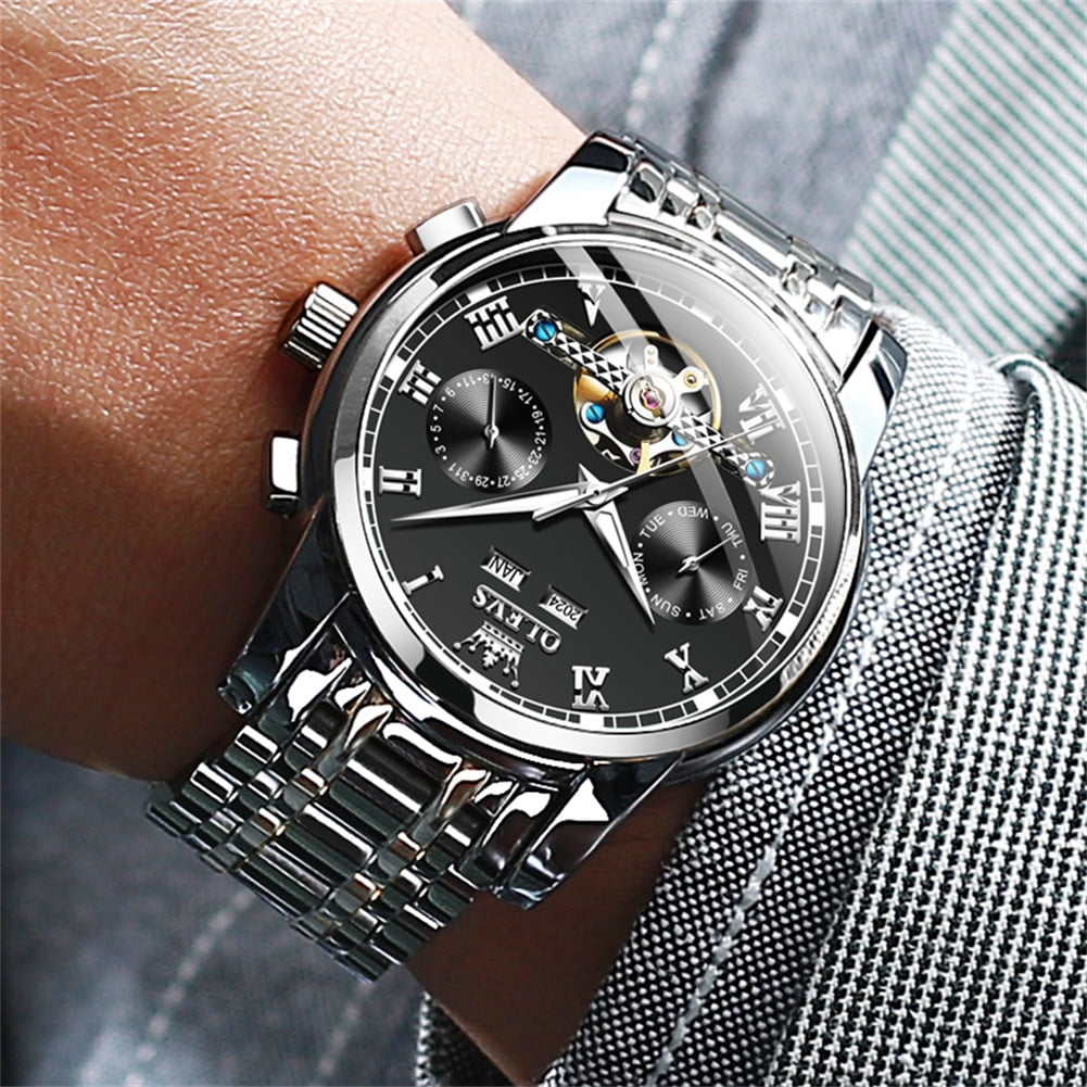 OLEVS Automatic Watches for Mens Self-Winding Mechanical Chronograph Classic Fashion Business Tourbillon Skeleton Stainless Steel Waterproof Luminous Mens Wrist Watches Reloj Para Hombre