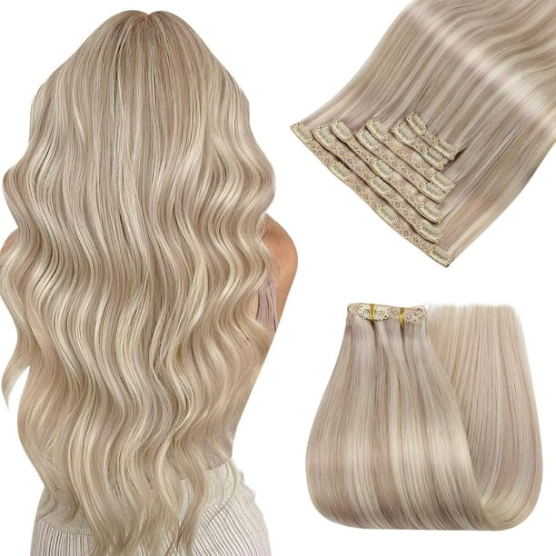 Extensiones con clip Easyouth, extensiones de cabello con clip sin costuras, cabello humano, rubio ceniza cálido, reflejos, rubio blanqueador, clips suaves y sedosos en extensión de cabello real, 20 p