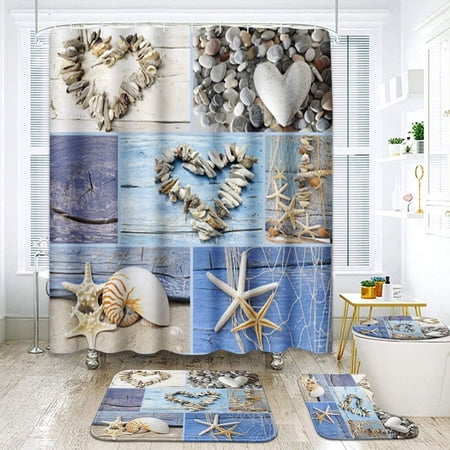 ZHANZZK Collage Hearts Seashells Starfish Driftwood Beach 4 Piece Bathroom Set Shower Curtain Bath Rug Contour Mat and Toilet Lid Cover