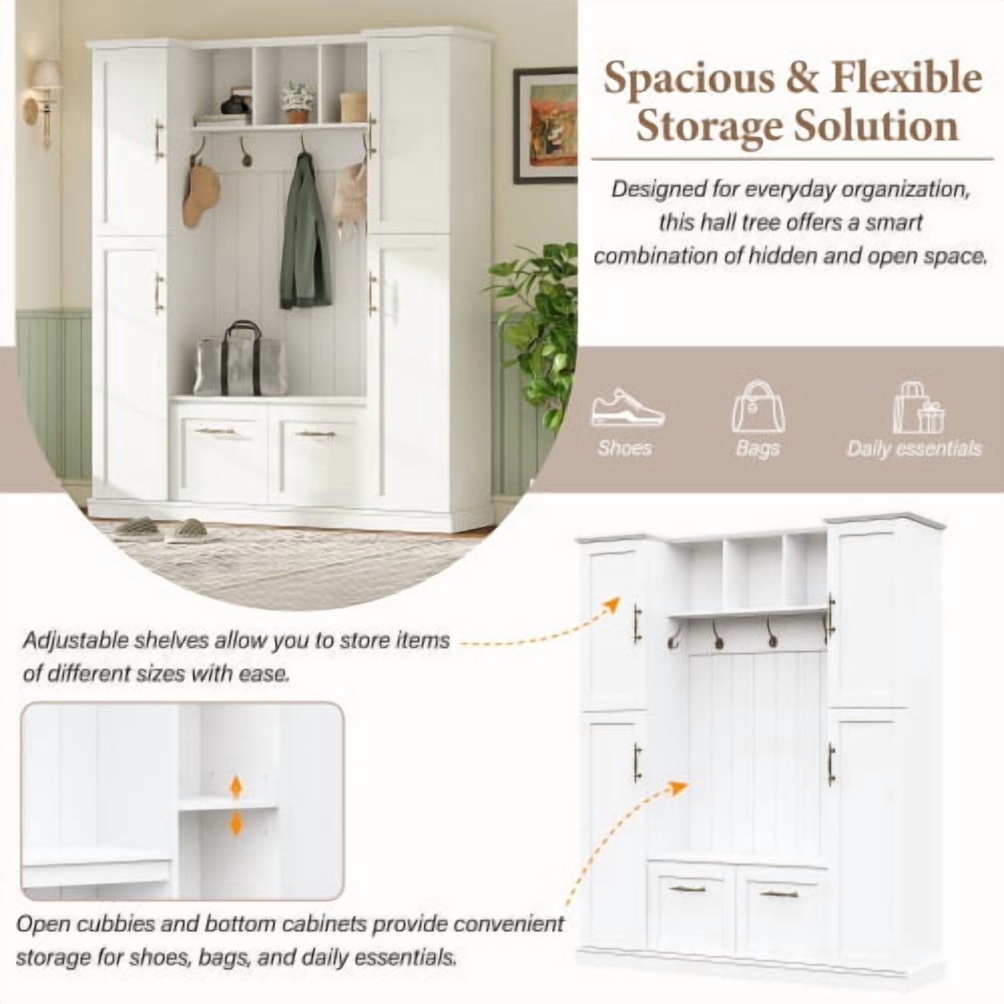 Farmhouse Hall Tree with Bench, Beadboard Back Panel, 4 Side Cabinets, Adjustable Shelves, Open Cubbies, Coat Rack & 5 Hooks, Entryway Mudroom Furniture, White