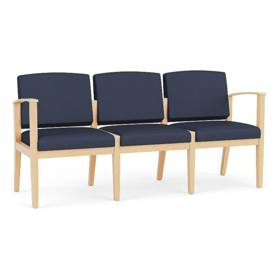 Amherst Wood Reception Waiting Room 3-Seat Chair / Natural Wood / Blue