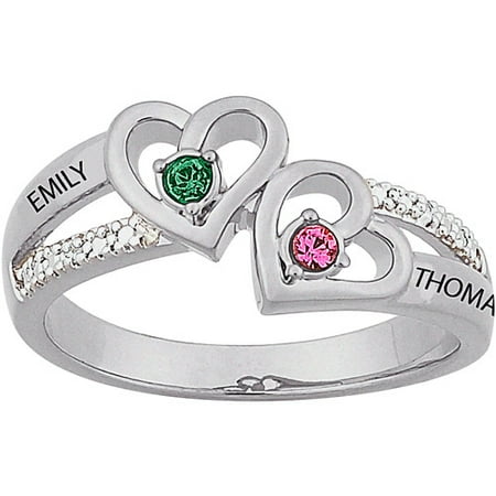 Personalized Sterling Silver Couples Heart Birthstone & Name Diamond Accent Ring
