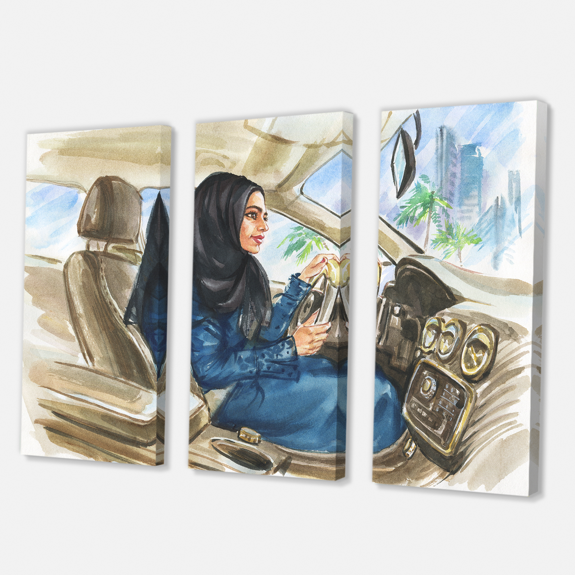 Designart ' Arabian Lady Driving A Car I ' Modern Canvas Wall Art Print