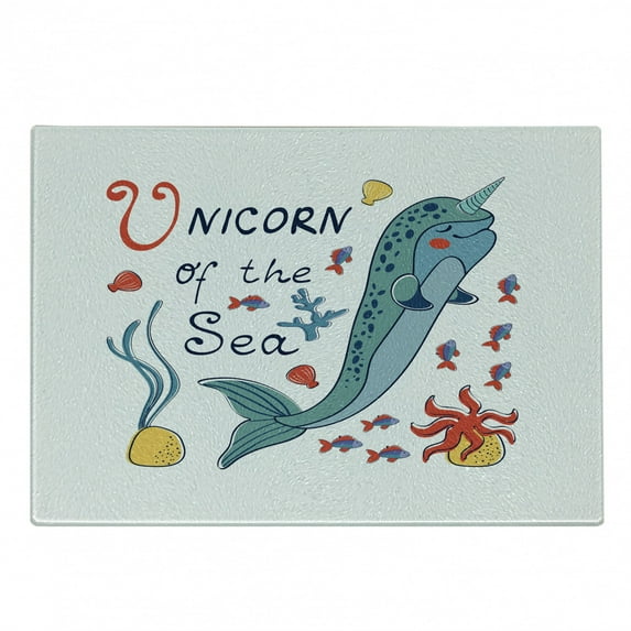 Narwhal Cutting Board, Colorful Narwhal Swimming with the Fish Unicorn of the Sea Inscription, Decorative Tempered Glass Cutting and Serving Board, Small Size, Multicolor, by Ambesonne