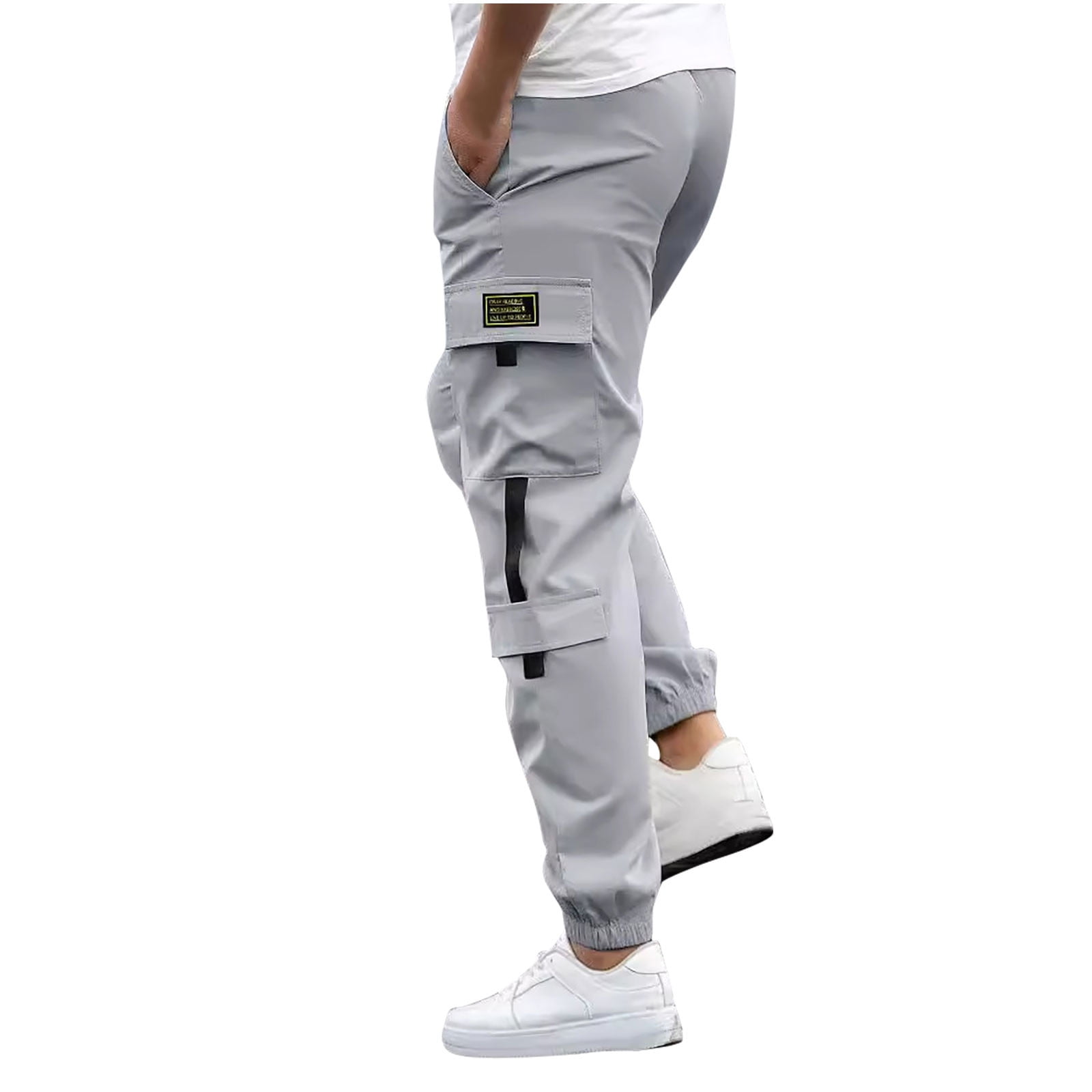 Pisexur Men's Pants Elastic Waist Cargo Pants Solid Color Workout