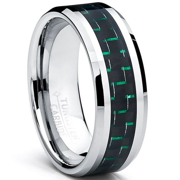 Metal Masters 9mm Mens Tungsten Carbide Ring Black Green Carbon Fiber Inaly