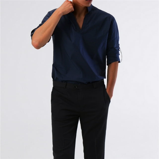 CEHVOM Fashionable Men's Casual Deep V Long Sleeve Shirt Solid Color Multi-code