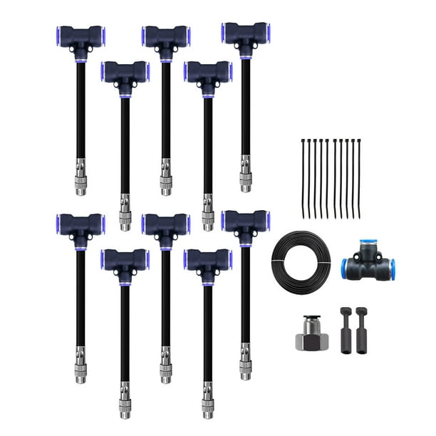 Boquilla rociadora de de enfriamiento por nebulización con conector T, boquilla flexible con tapón de tubo, boquilla de nebulización de agua Tubo de 10m Boquilla de 10cm