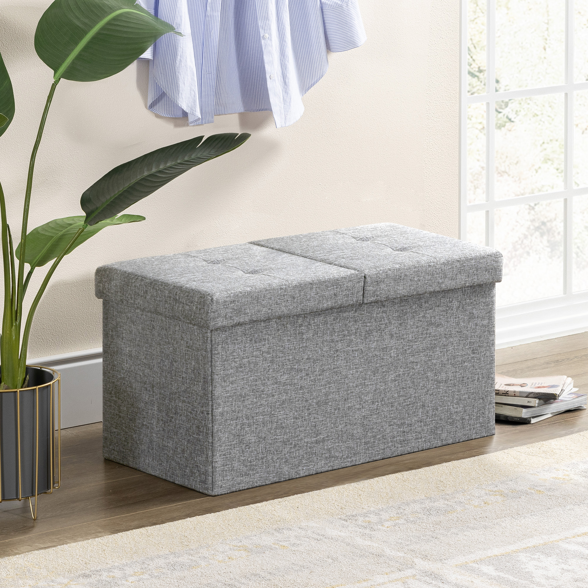 Mellow 30" Smart Lift Top Button Fabric Collapsible Storage Ottoman, Light Grey - image 2 of 9