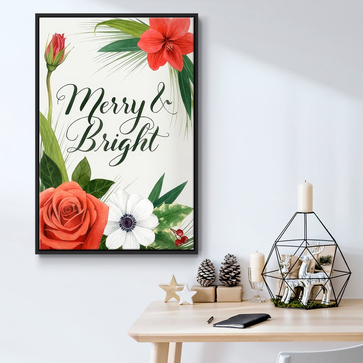 Christmas Flora Wreath Collection B - Framed Gallery Wrapped Holiday Canvas - 17 x 25 - Black Frame