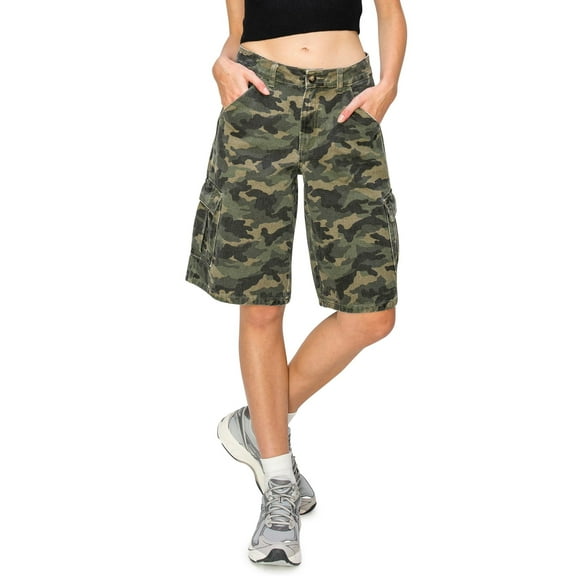 Cali1850 Women's Low Rise Waist Relaxed Fit Bermuda Long Cargo Utility Shorts with 9 pockets, Elastic Waistband with Belt