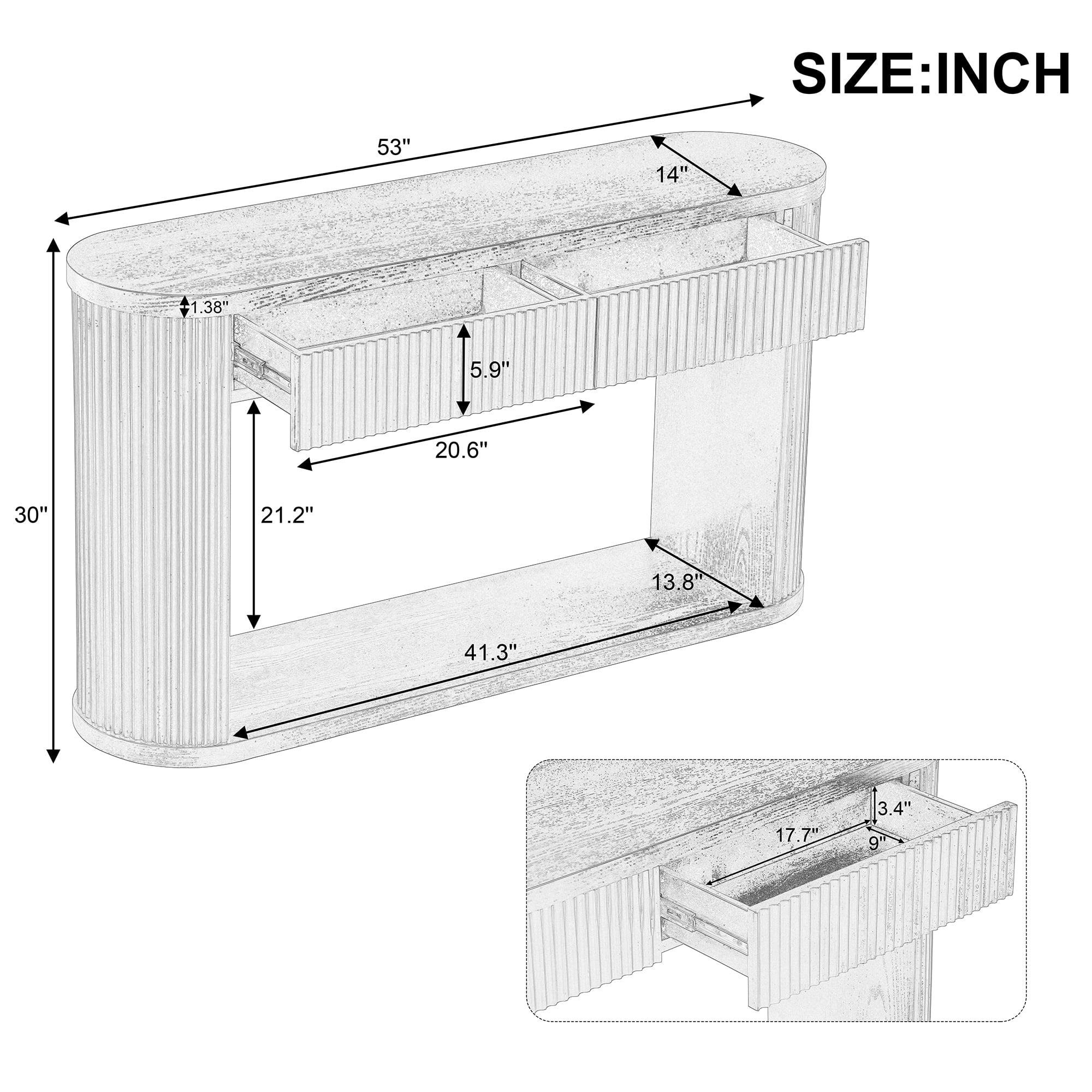 Oval Fluted Console Table with 2 Drawers and Bottom Shelf, Wood Entryway Table with Smooth Metal Slides for Living Room, Entryway