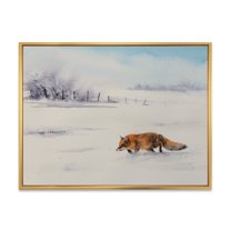 Designart 'Red Fox Running In White Snow in Countryside I' Farmhouse Framed Canvas Wall Art Print