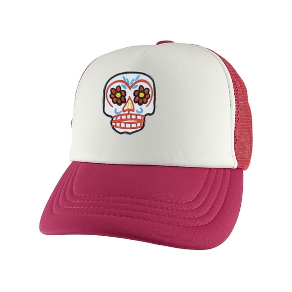 Gravity Threads Sugar Skull Youth Adjustable Trucker Hat - Pink/White