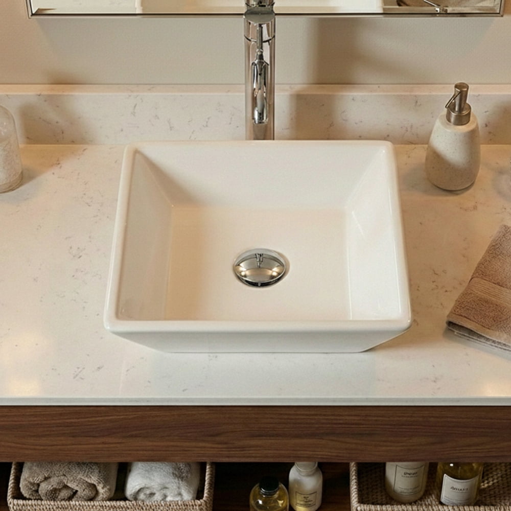 16x16 Inch Square Ceramic Vessel Sink with Faucet and Pop-Up Drain, White Porcelain Bathroom Vanity Sink and Countertop Basin Set