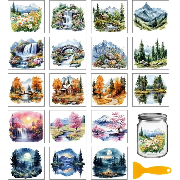 18 Sheets Natural Scenery Rub on Transfers Mountains and Rivers Landscape Waterproof UV DTF Cup Wraps Waterfall Forest Seasons Decals Stickers for Water Glass Bottle Vase Crafts