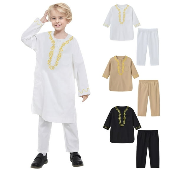 MUXiin Kids Boys Ethnic Printed Thobe Muslim Long Sleeve Kaftans Islamic Robe Prayer Clothes for 5-6 Years