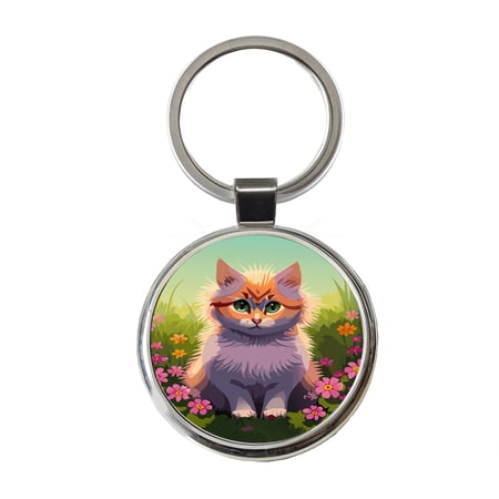 Munchkin Cat in Flower Garden Metal Round Keychain