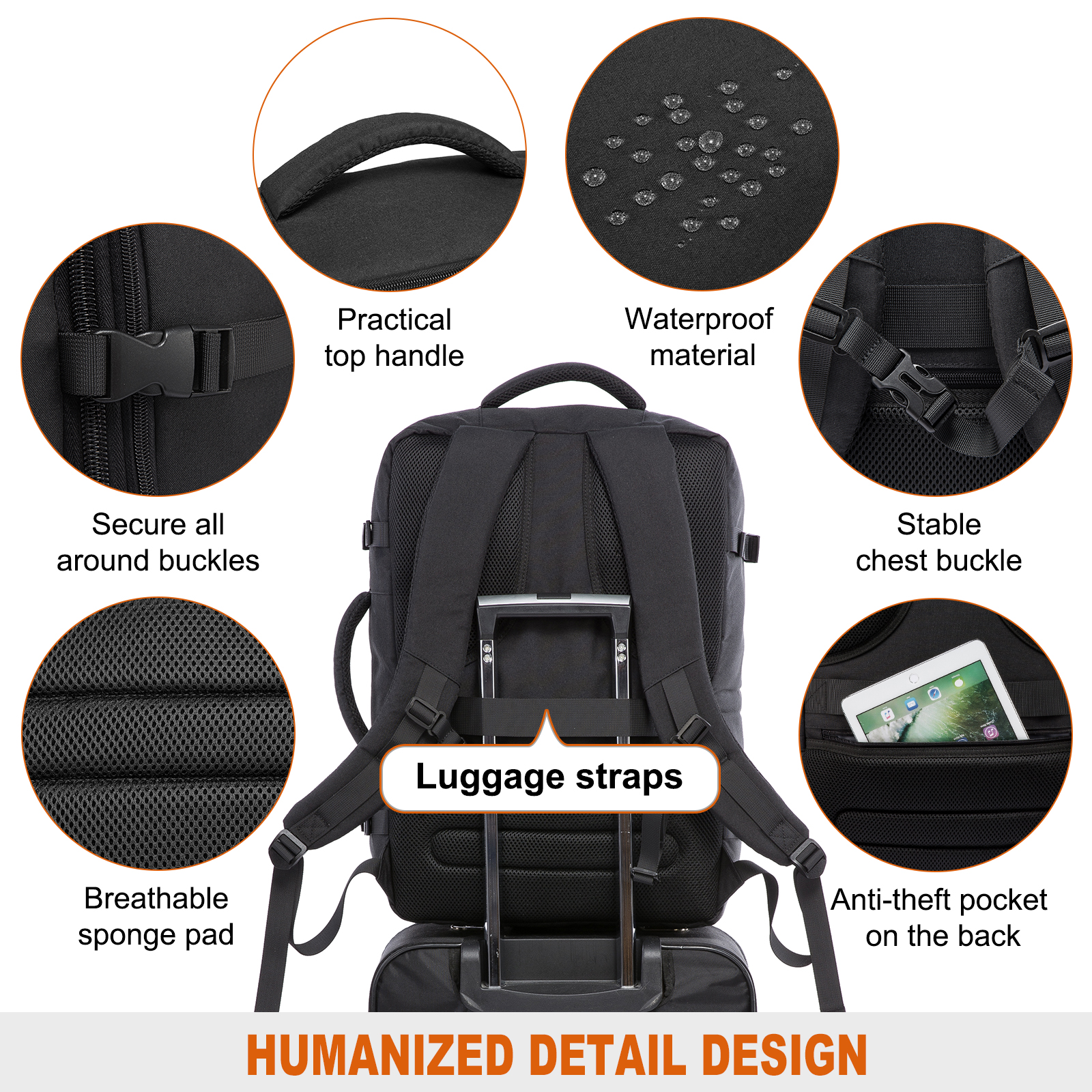 LOVEVOOK College School Backpack, 40L Expandable Carry On Luggage Backpack Flight Approved, Large Waterproof Hiking Outdoor Overnighter Bag for Men Women (Black )