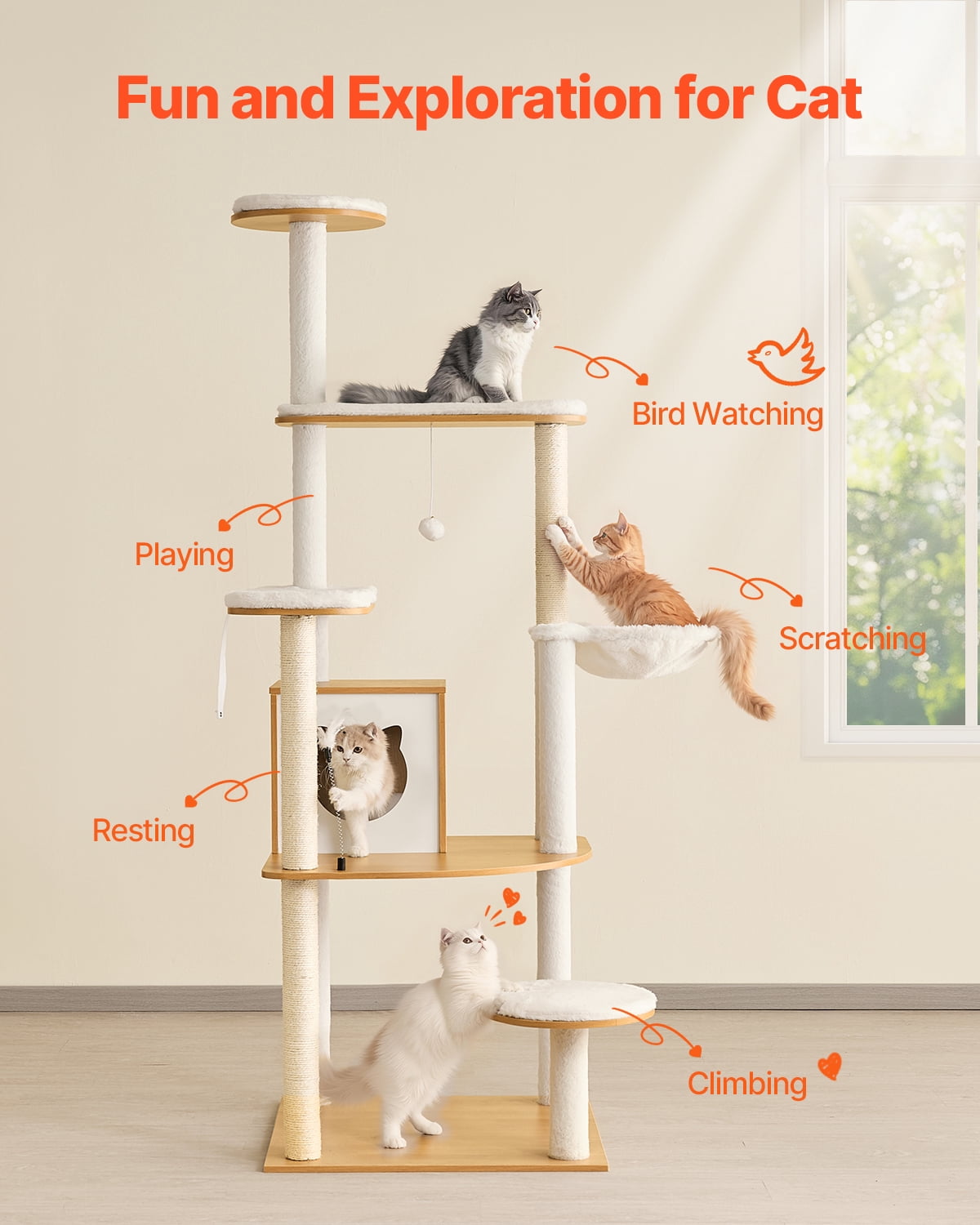 VEVOR Large Cat Tree, 68.9 inches Tall, Cat Tower, Multi-level Cat Condo Furniture Activity Center with Cozy Perches, Sisal Scratching Posts, Hammock, Big Kittens House for Indoor Cats Play & Rest