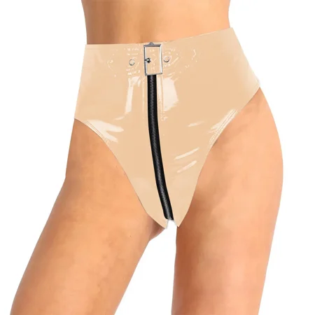 Lockable PVC Leather Panties Mens Underwear Faux Leather Zipper Briefs Women High Waist Sexy Lingerie 7XL