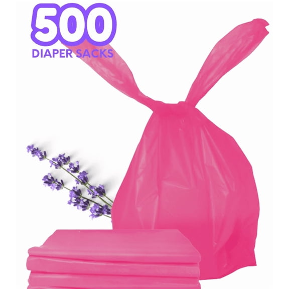 Baby Diaper Bag Disposable (500 Count, Pink) Fresh Lavender Scented Easy Tie Handles Bulk Diaper Sacks (500 Bags)