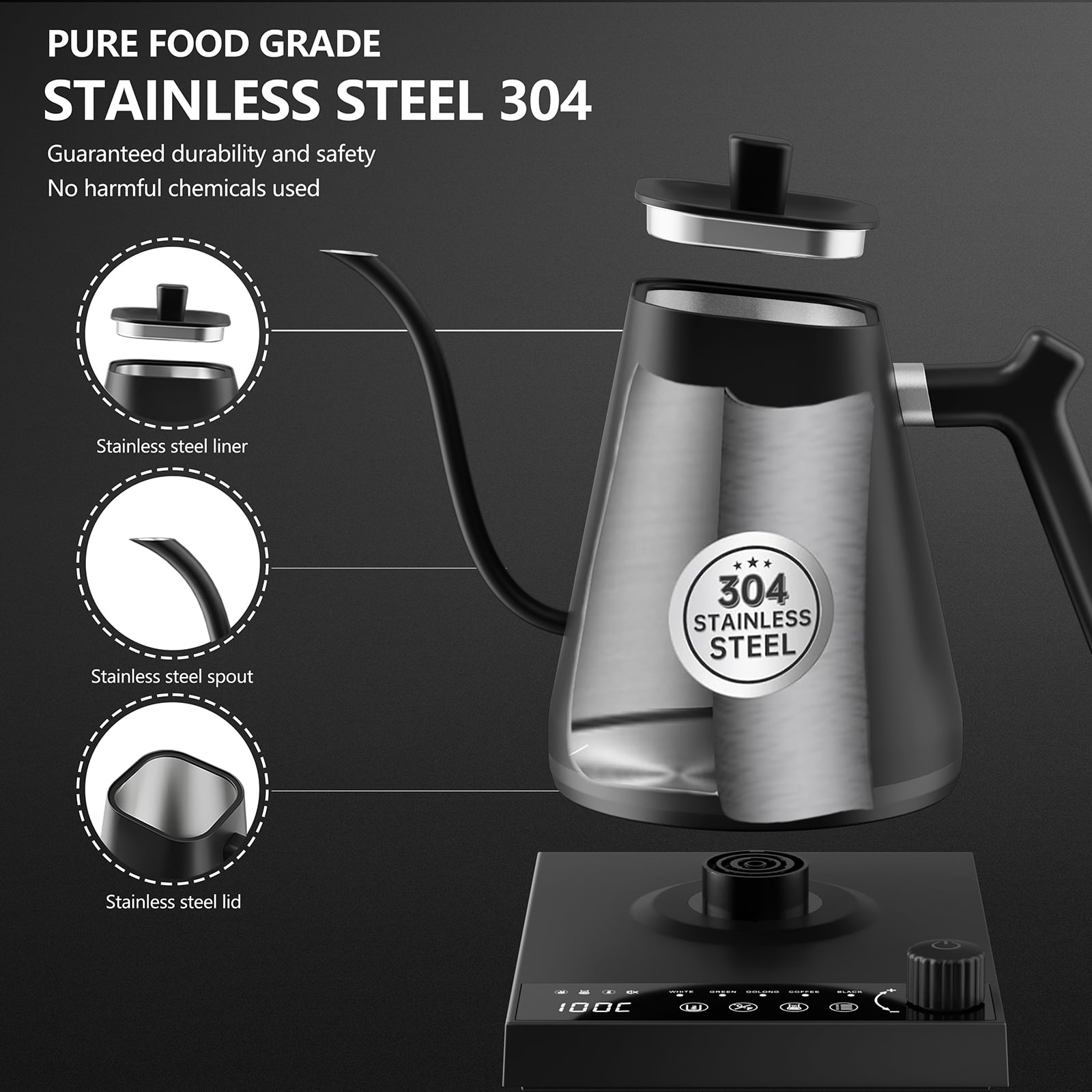 Eurhowing Electric Gooseneck Kettle, 0.6L Stainless Steel Pour-Over Kettle, 1000W Brewing Kettle for Coffee & Tea, 1°C Temperature Control & Hold, Black