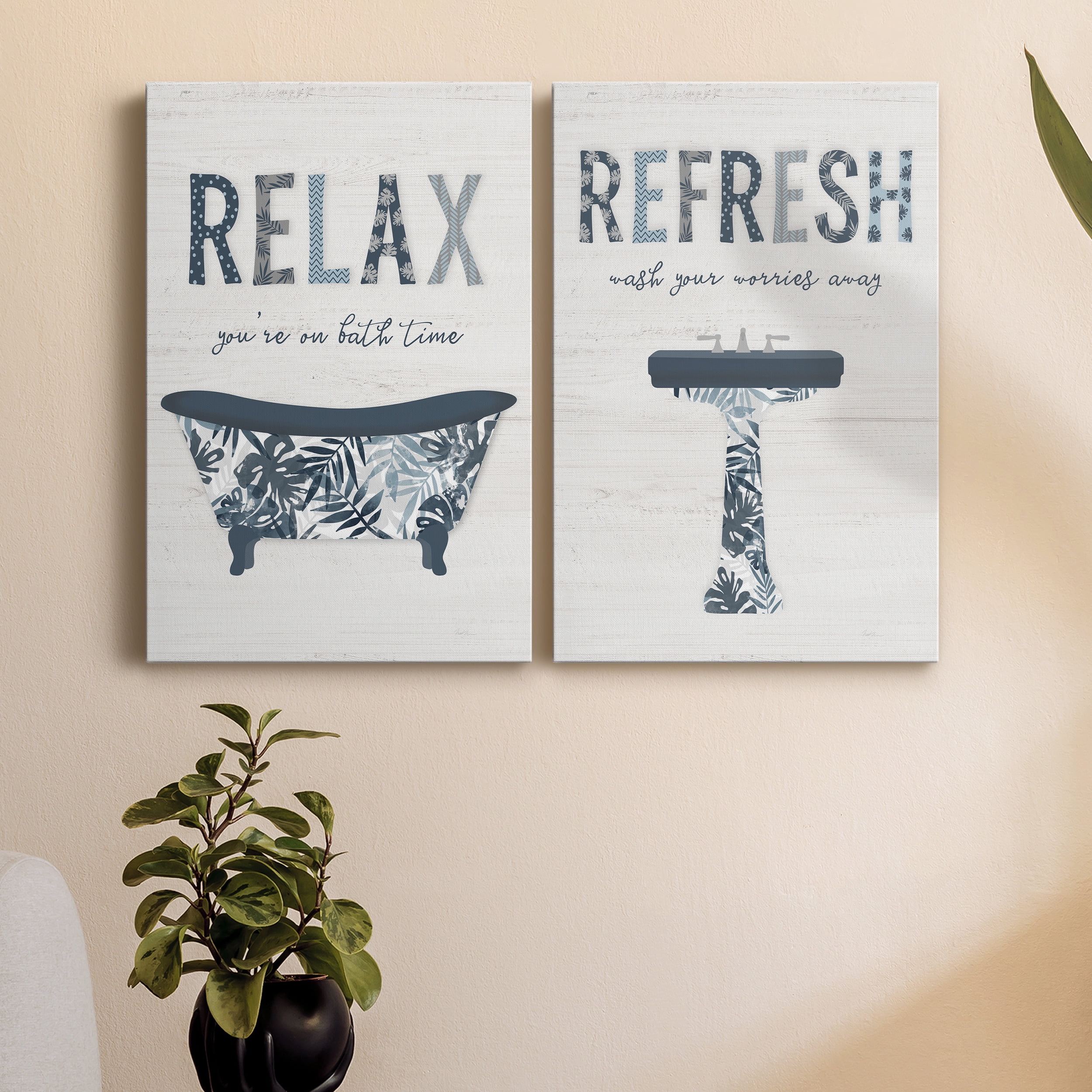 Palm Bath I Premium Gallery Wrapped Canvas - Ready to Hang - Set of 2 - 24 x 36 Each