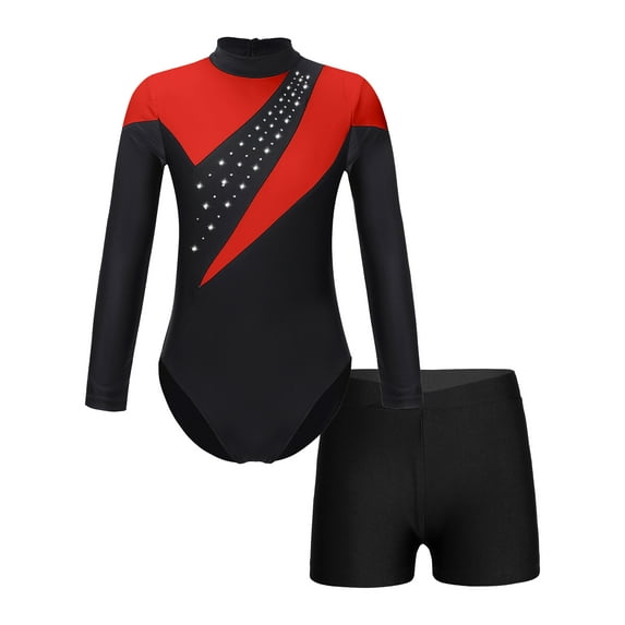 Yeahdor Girls Long Sleeve Dance Workout Outfit Shiny Faux Diamonds Leotard with Athletic Shorts