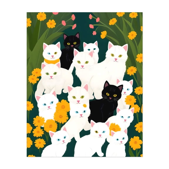 Cats Meet Up Group - India Illustration Cat Floral Animal Whimsical Modern Art Nature Flowers Unframed Wall Art Print 8 x 10 inches