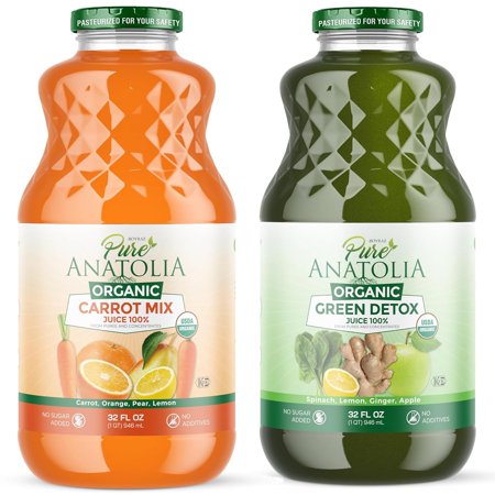 Organic Green Detox + Carrot Mix Juice by - Immunity, Enhance your Health - USDA Organic, Gluten , Vegan - 2 Glass Bottle of 32 fl oz.