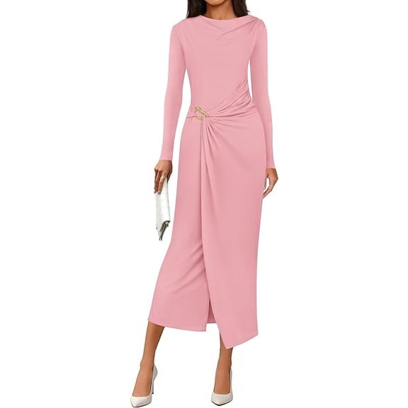 PRETTYGARDEN Women's Fall Wedding Guest Cocktail Midi Dresses Elegant Long Sleeve Bodycon Ruched Dress Fashion Clothing