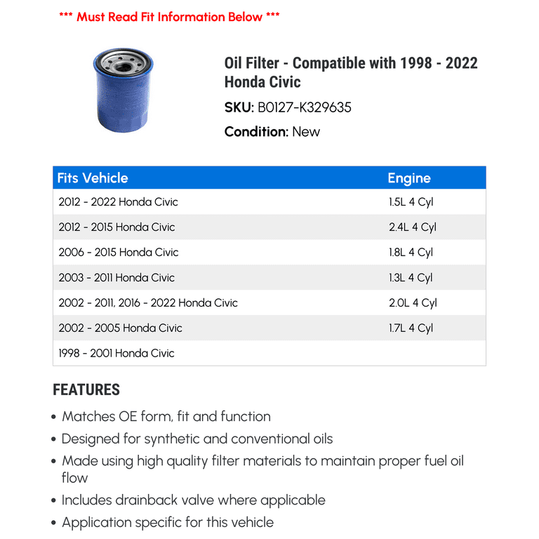 2015 honda civic oil filter discount
