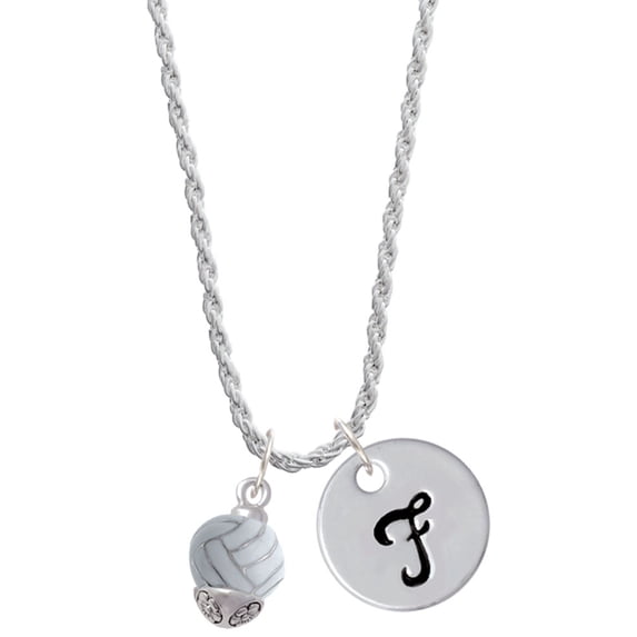 Delight Jewelry Silvertone 3-D Enamel Volleyball Spinner Silvertone Script Initial Disc - F - Charm Necklace, 20"+3"