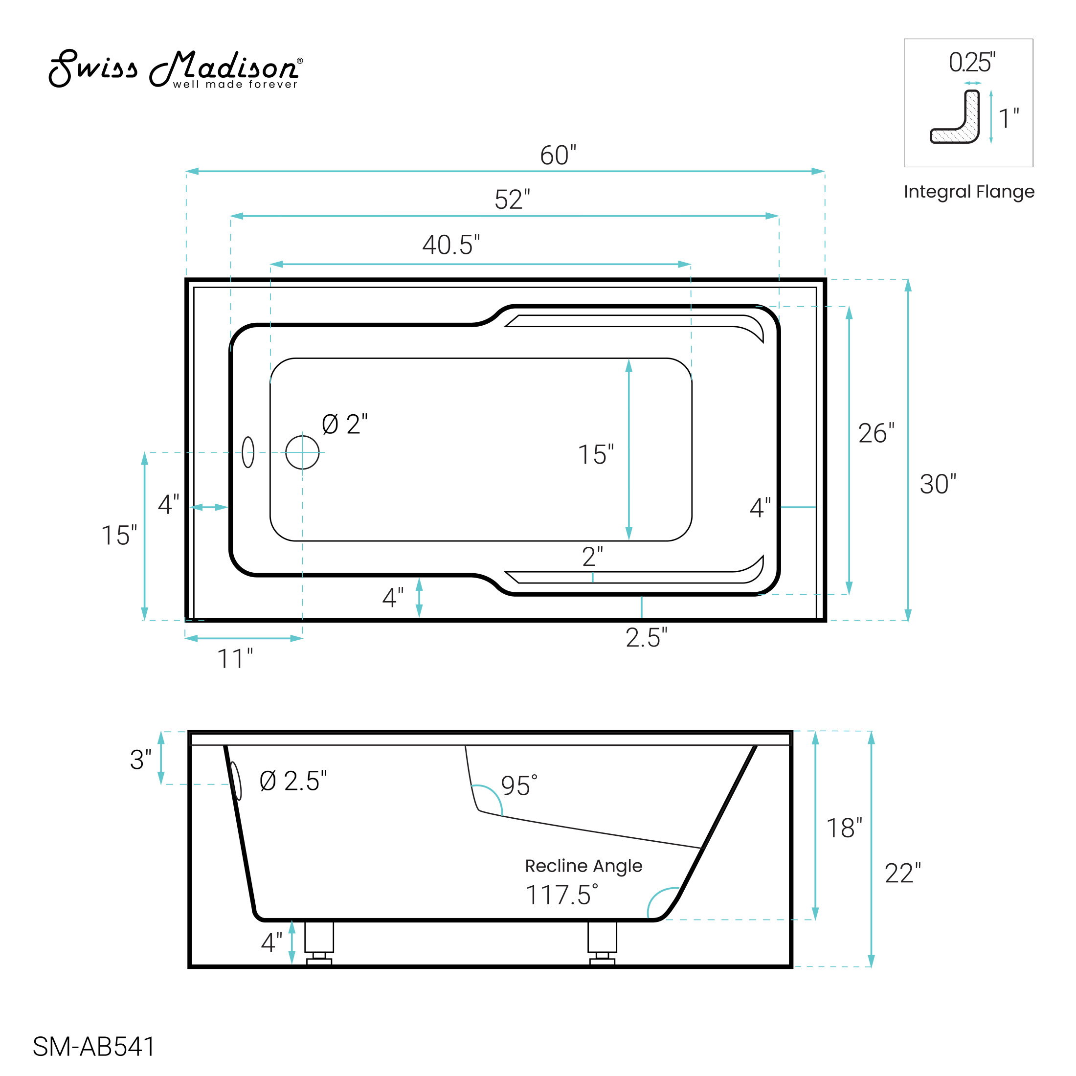Voltaire 60" x 30" Left-Hand Drain Alcove Bathtub with Apron and Armrest