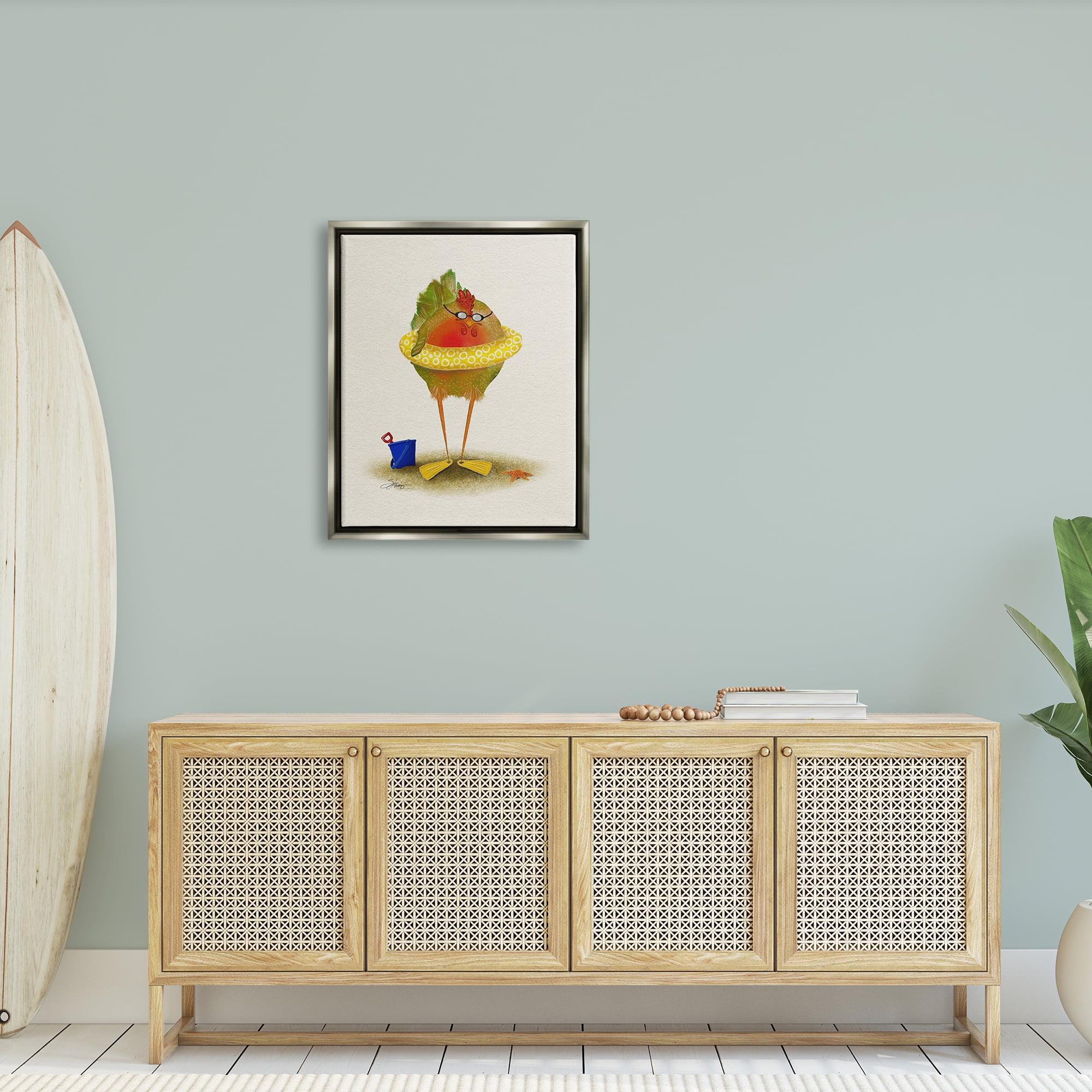 Stupell Fun Whimsical Bird Beach Tube Landscape Painting Gray Floater Framed Art Print Wall Art