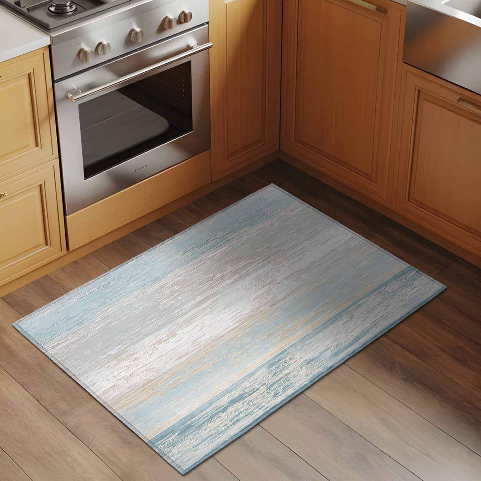 Blue Beige Farmhouse Bathroom Mat 2x3 FT, Non Slip Small Kitchen Mat, Vintage Wooden Striped Washable Soft Backed Front Door Throw Rug Non-Shedding Indoor Outdoor Doormat for Entryway Sink