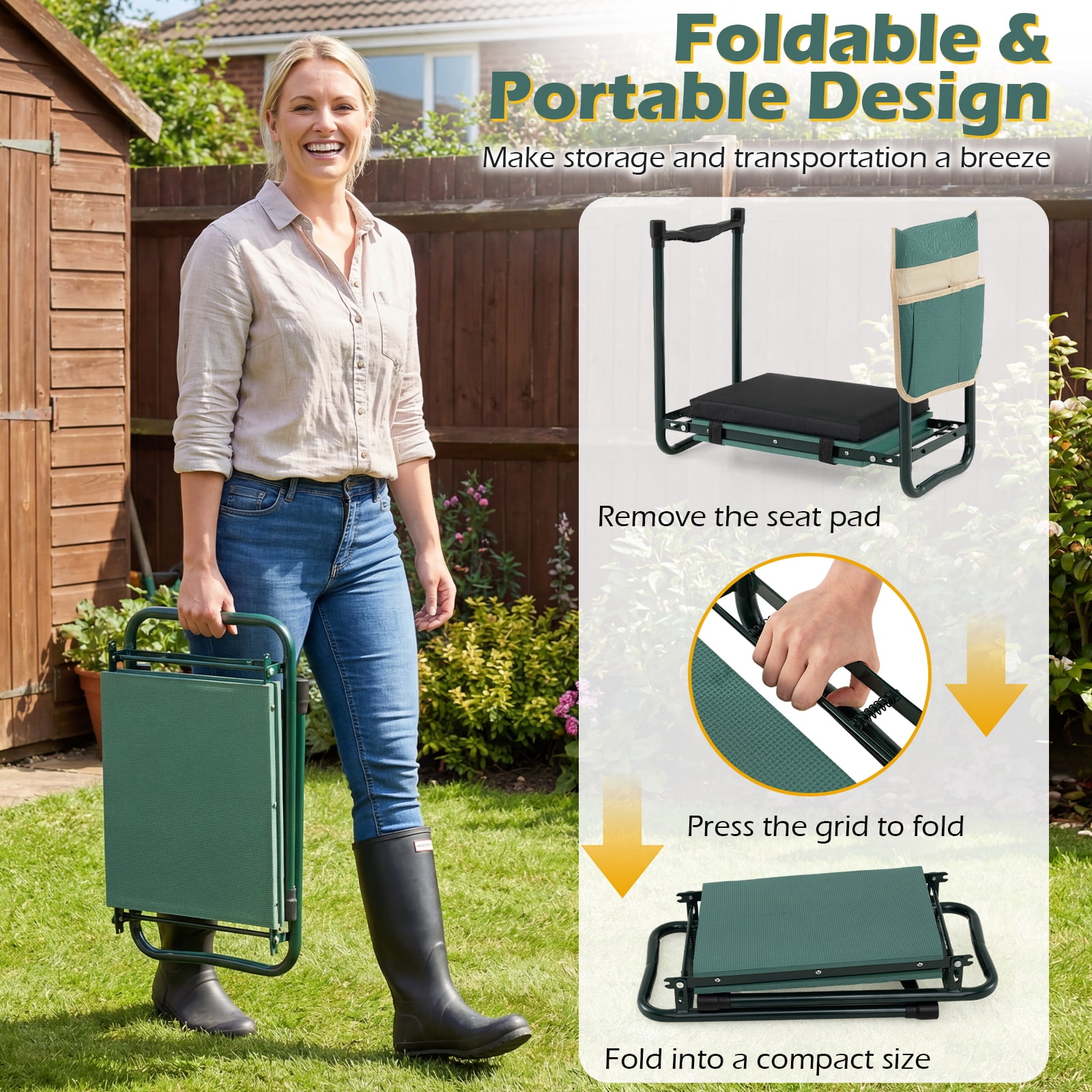 Costway Foldable Garden Kneeler and Seat, 2-in-1 Gardening Bench, Detachable EVA Foam Pad Green
