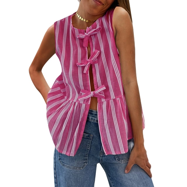 xiaxaixu Women's Striped Tank Tops Loose Round Neck Front Tie Up Ruffled Sleeveless Blouse for Summer