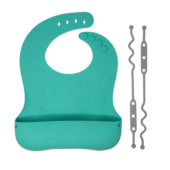 Busy Baby Silicone, BPA-Free Toddler and Baby Bib with Food Catcher and Utensil Straps, Spearmint