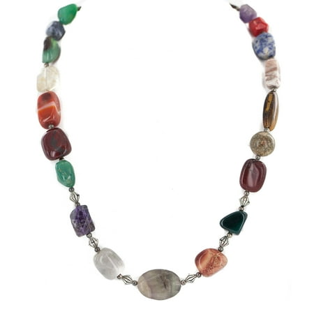 - .925 Sterling Silver Certified Authentic Navajo Natural Amethyst Jade Agate Lapis Jasper Quartz Carnelian Tigers Eye Multicolor Native American Necklace