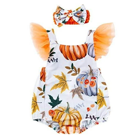 

Styles I Love Infant Baby Girls Harvest Pumpkin Print Cross Back Romper with Headband 2pcs Autumn Holiday Thanksgiving Outfit