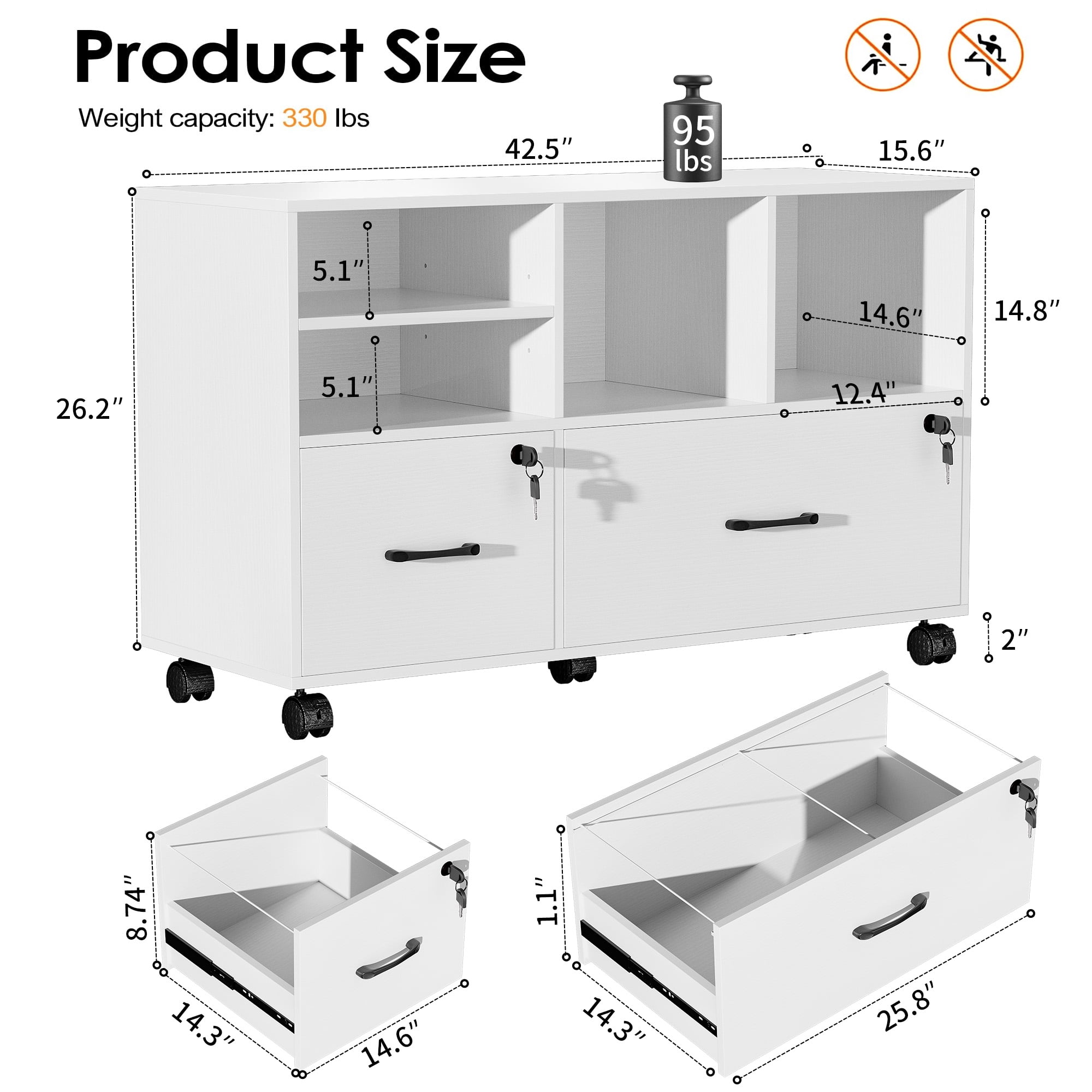 Modfurne Large Lateral File Cabinet with 2 Drawers, Wood Mobile Lockable Rolling Filing Cabinet, Printer Stand Office Storage Fits Files Legal/A4, White