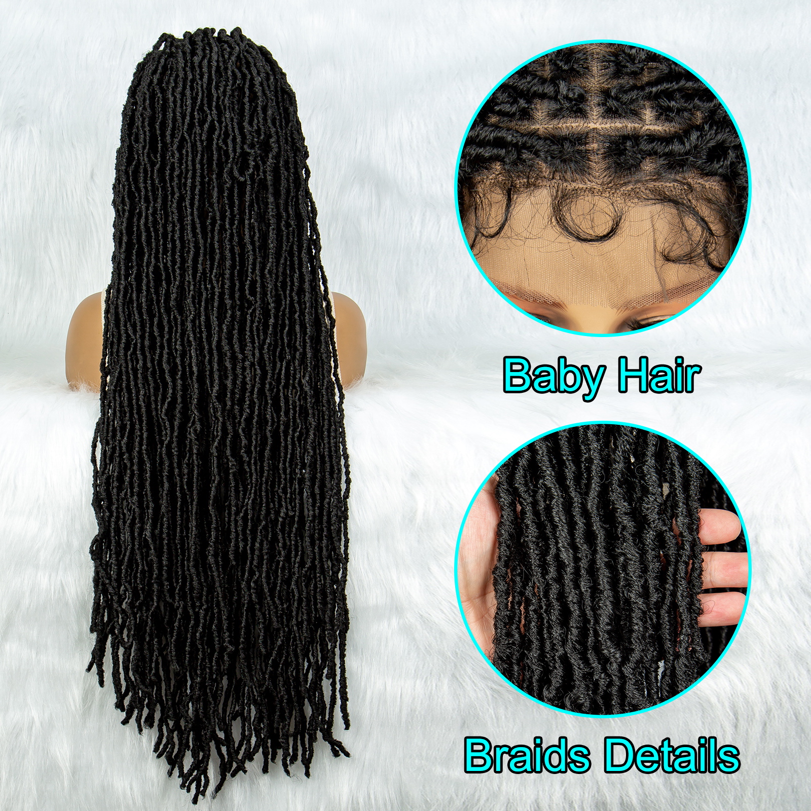 Locs Braided Wigs 36 Inches Full Double Lace Nateral Balck Square Knotless Dreadlock Braiding Wig with Baby Hair for Black Women Synthetic Lace Frontal Long Cornrow Box Braided Wigs (1B)