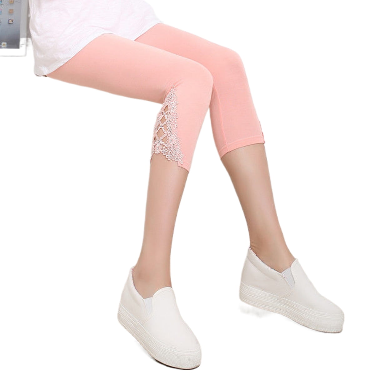 Lace Trim Capri Length Tights 12M to 11Y COUNTRY KIDS Black White Ivory Pink 