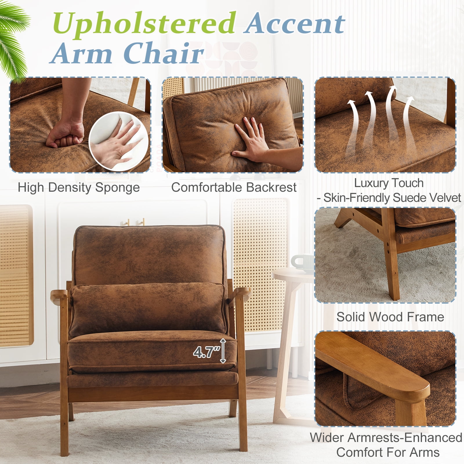Ktaxon Accent Chair Suede Upholstered Armchair, Reading Club Chair with Pillow for Living Room Bedroom Furniture Brown